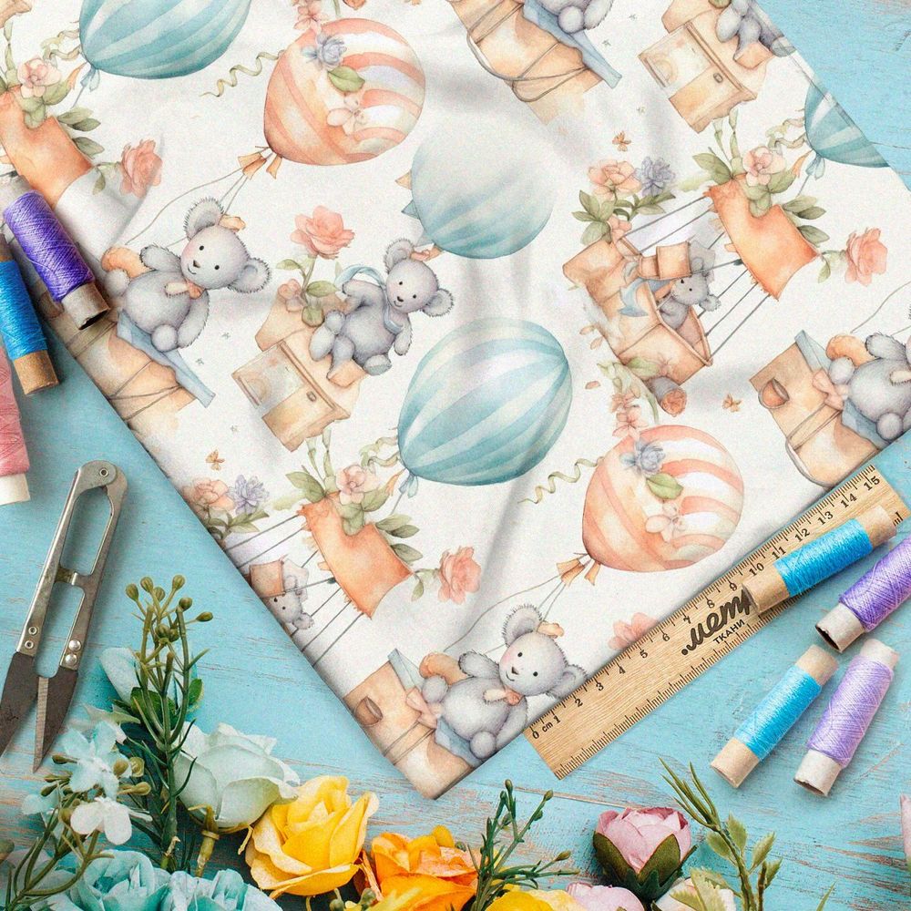 Ткань премиум бифлекс милые зверьки на воздушных шарах