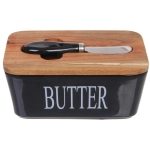 Масленка керамическая «White magic» 16,5*10*8см с крышкой из акации и ножом для масла, черная