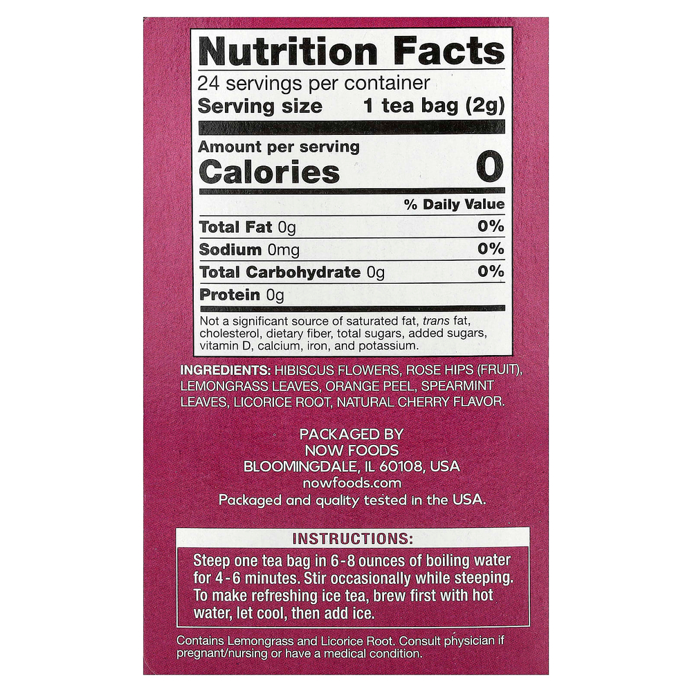 NOW Foods, Heavenly Hip Hybiscus™, чай, без кофеина, 24 чайных пакетика, 48 г (1,7 унции)