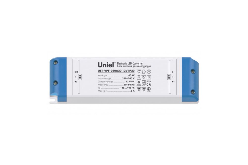 UET-VPF-060A20 Блок питания для светодиодов с защитой от короткого замыкания и перегрузок, 60 Вт, 12В, IP20