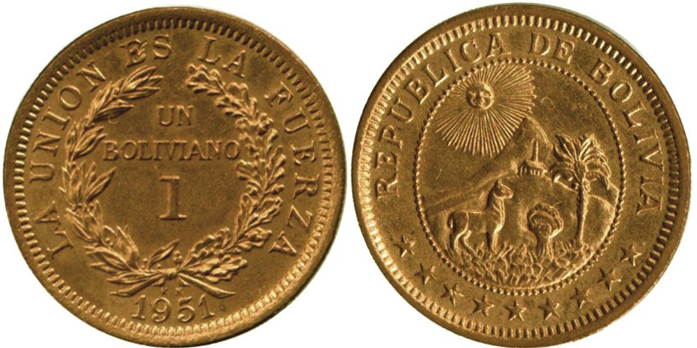 Боливия 1 боливиано, 1951 Герб XF
