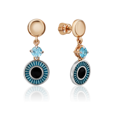 Серьги-пусеты «Взгляд на время» из комбинированного золота с топазом и эмалью