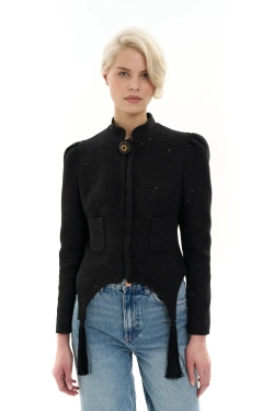 Жакет с кисточками твидовый черный