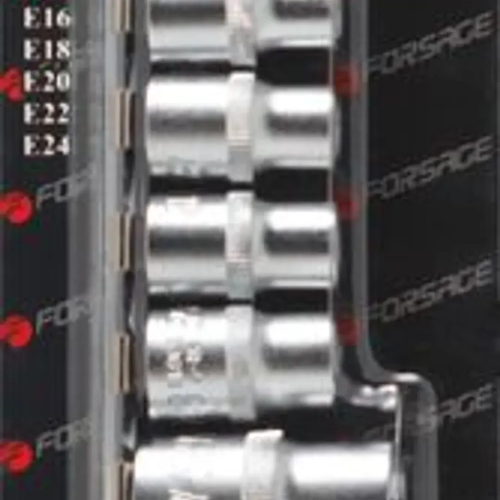 Набор головок Е-профиль 15пр. 1/4''&amp;3/8''&amp;1/2''(1/4''Е4-Е8,3/8''Е10-Е14,1/2''Е16-Е24) на планке Forsage F-4158