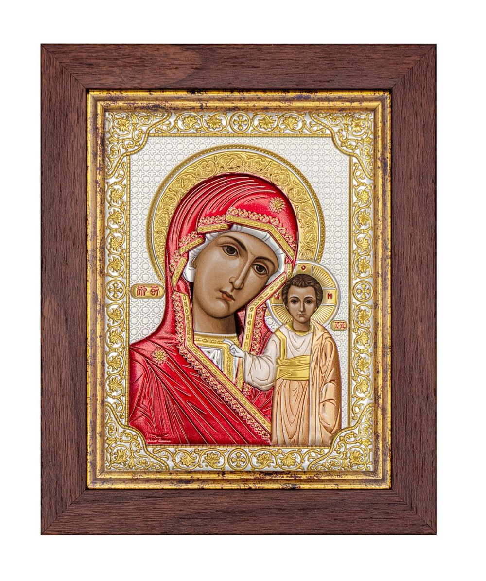 Казанская БМ, икона прямоугольная в рамке под стеклом, красное дерево, эмаль 232х280
