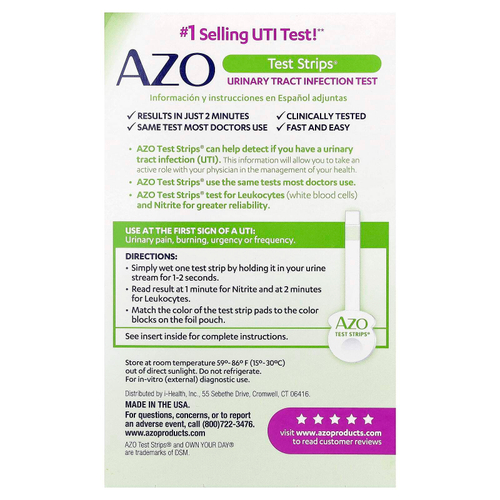 AZO, Test Strips®, тест на инфекцию мочевыводящих путей, 3 полоски для самопроверки