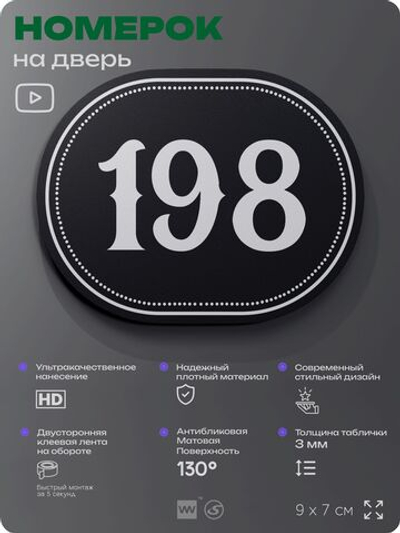 Номерок на дверь квартиры 198, для кабинета, офиса, шильдик 9 х 7 см, черный, Айдентика Технолоджи
