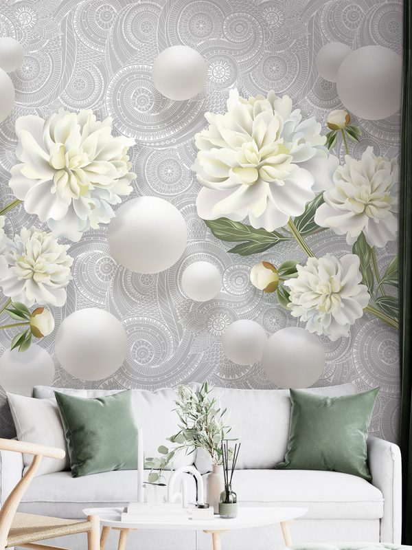 Фотообои 3D объемные шары и белые цветы