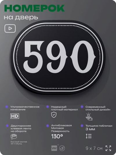 Номерок на дверь квартиры 590, для кабинета, офиса, шильдик 9 х 7 см, черный, Айдентика Технолоджи