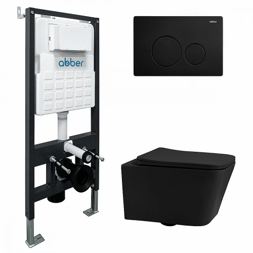 Унитаз подвесной ABBER Rechteck AC1201MB черный матовый с инсталляцией AC0105 и кнопкой AC0121MB черный матовый, безободковый, с крышкой микролифт