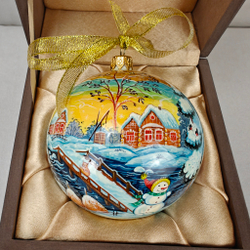 Шар новогодний с ручной росписью Палех "Лиса и зайцы"