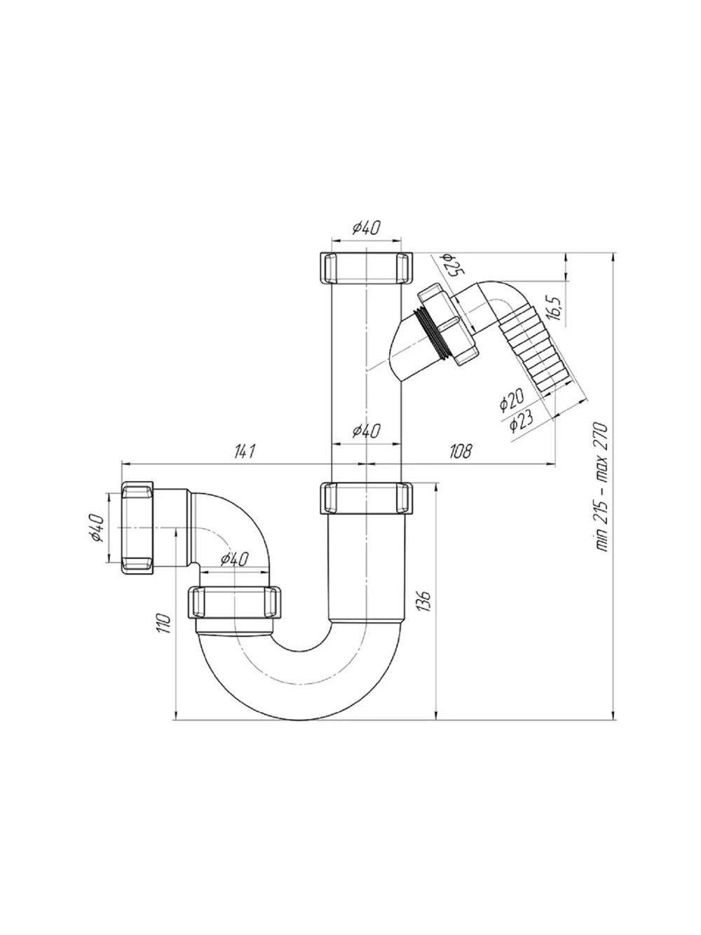 Сифон для кухонной мойки 1 1/2"х40 прямоточный с отводом D1020