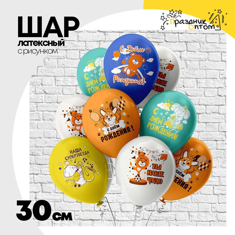 Шар латексный 30см С ДР! Весел животные (Ассорти)