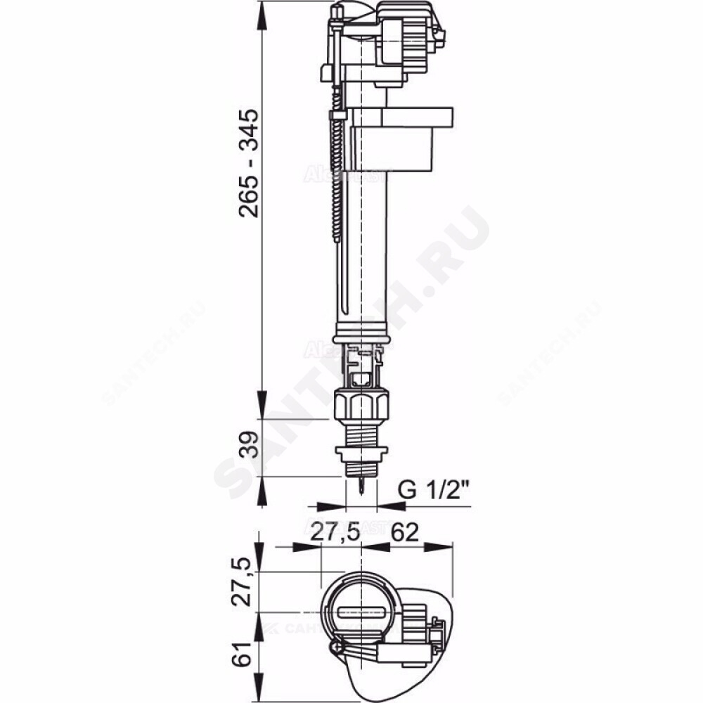Арматура для бачка наливная 1/2" нижнее подключение Alca Plast A17-1/2"