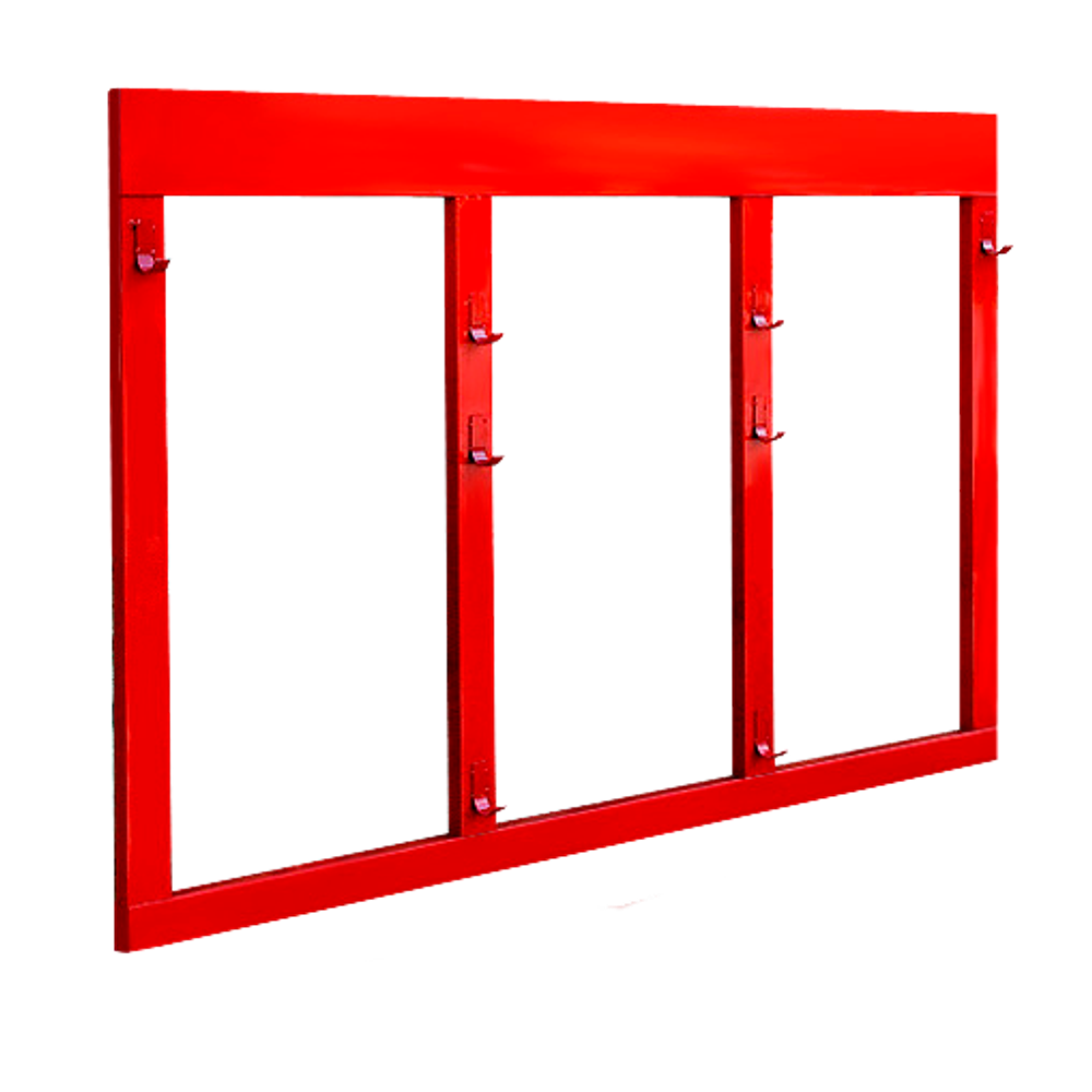 Металлический пожарный щит открытого типа для пожарного инвентаря.