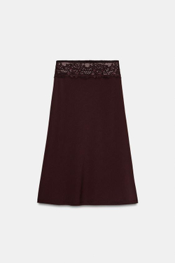 ZARA КОМБИНИРОВАННАЯ ЮБКА С КРУЖЕВОМ, ТЕМНО-КОРИЧНЕВЫЙ