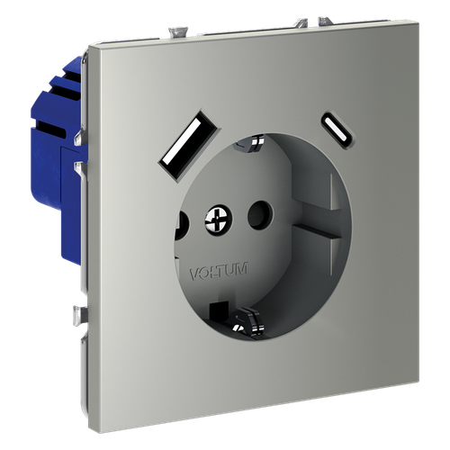 Розетка встраиваемая VOLTUM S70 с заземлением и защитными шторками, 16А, с USB, A+С, (сталь)