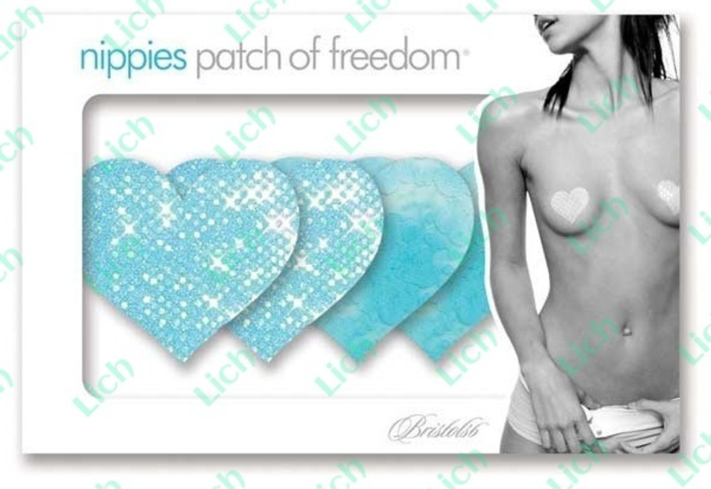 Комплект из 1 пары голубых пэстис-сердечек с блестками и 1 пары голубых пэстис-сердечек с кружевной поверхностью