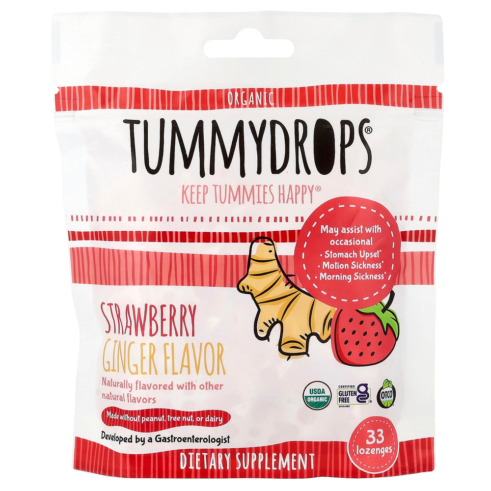Tummydrops, леденцы с органическим имбирем, клубника, 33 пастилки