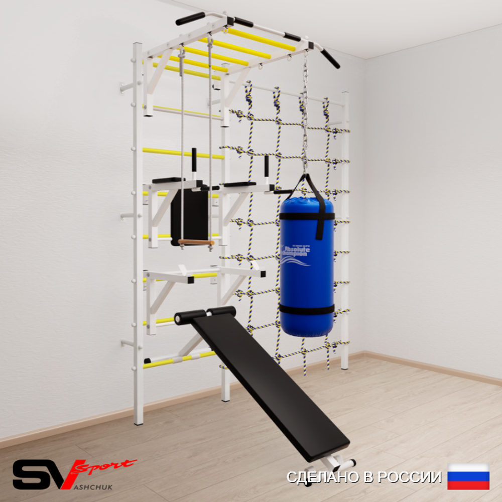 Шведская стенка Sv Sport усиленная 66320 (Турник рукоход/Брусья/Стойка/Скамья/Трапеция/Цепь/Мешок 22кг/Канатный лаз)