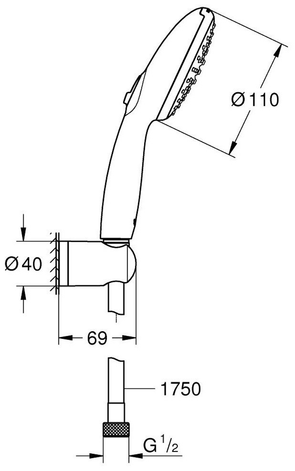 Набор для душа GROHE Vitalio Comfort 110, 2 режима струи, лейка, держатель и шланг, 8.5 л/мин, хром (26399001)