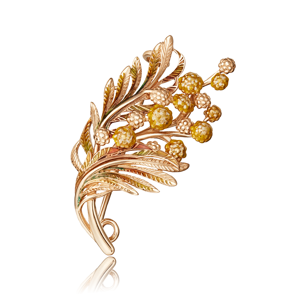 Брошь «Мимоза»  из красного золота с эмалью