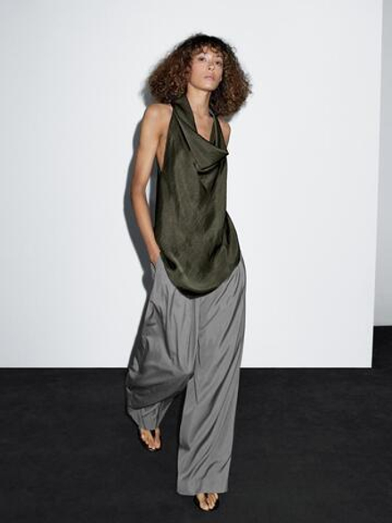 Massimo Dutti Топ с драпировкой и горловиной халтер, зеленый