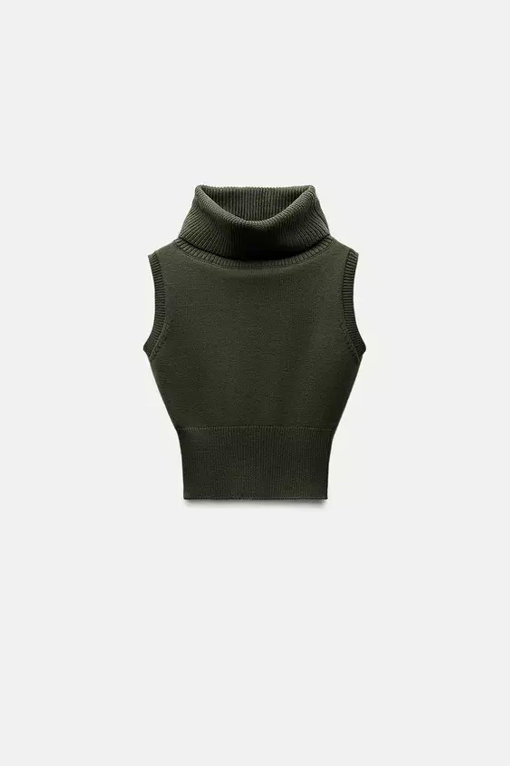 ZARA ТРИКОТАЖНЫЙ ЖИЛЕТ С ВЫСОКИМ ВОРОТНИКОМ, ХАКИ