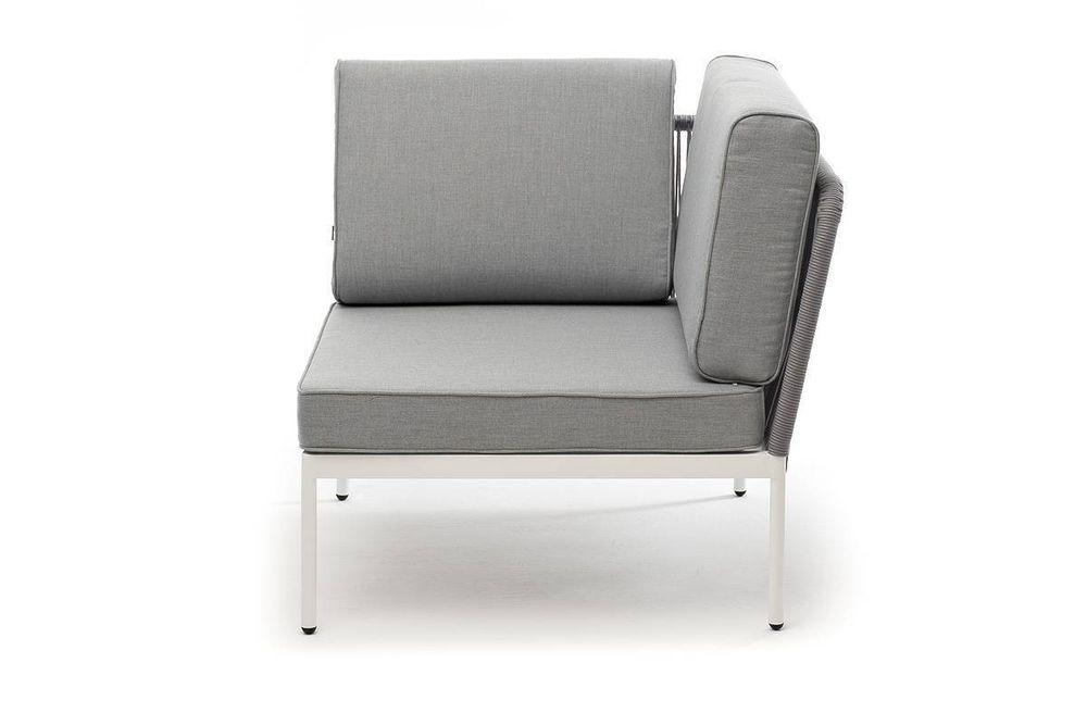 "Канны" угловой модуль плетеный из роупа, каркас алюминий белый шагрень, роуп светло-серый круглый, ткань светло-серая