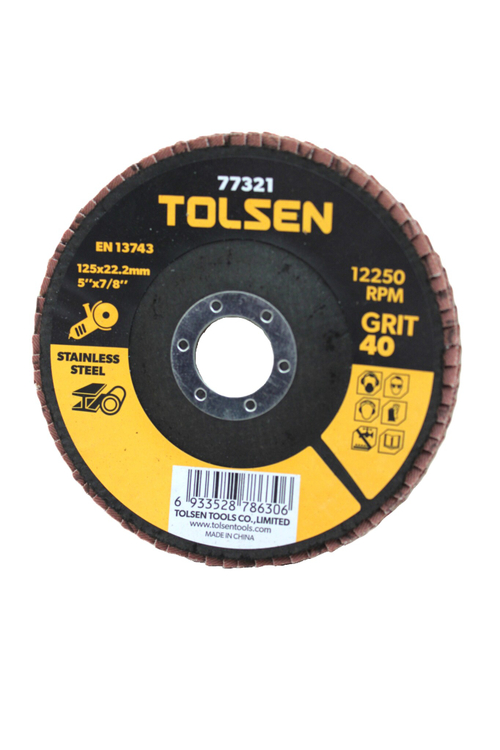 Диск шлифовальный лепестковый TOLSEN оксид циркония 125x22.2мм Р40 77321