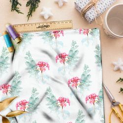 Ткань габардин бледно-розовые гвоздики на белом фоне