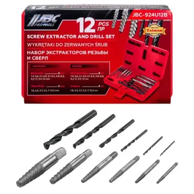 Экстракторы для извлечения заломанных болтов/гаек в комплекте со сверлами, набор 12пр. JBC JBC-924U12B