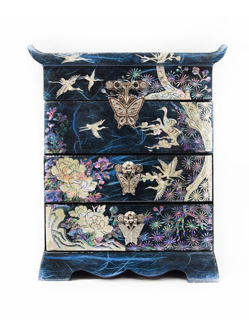 Шкатулка-сундучок Журавли ручной работы синяя, Южная Корея 145x130x170мм