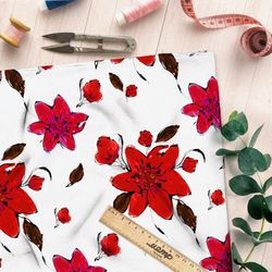 Ткань поплин красные цветочки и листочки