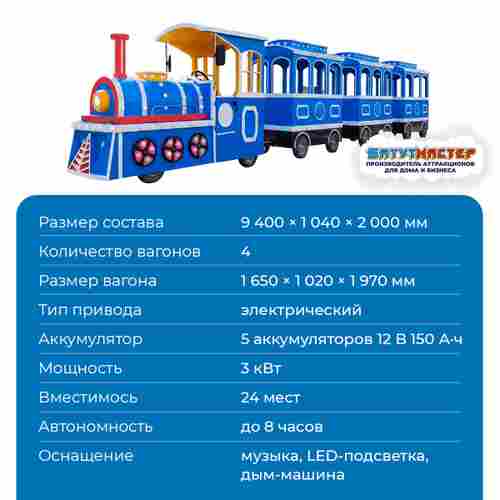 Паровозик для ребёнка «Яркая линия», 4 вагона, 24 места