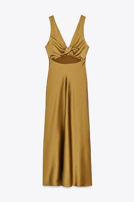 ZARA АТЛАСНОЕ ПЛАТЬЕ МИДИ, ЦВЕТ ОЛИВКОВОГО МАСЛА