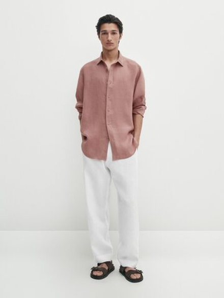 Massimo Dutti Рубашка классического кроя из 100% льна, малиновый