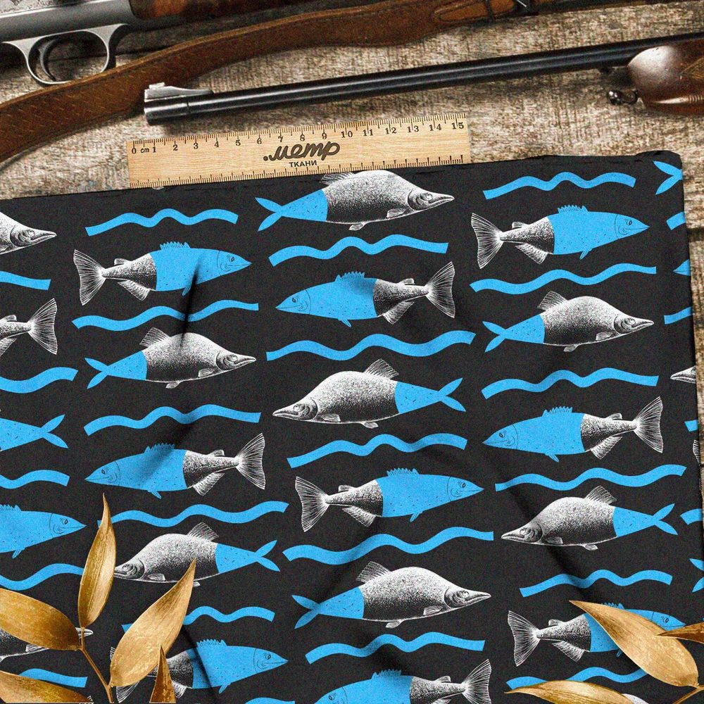 Ткань оксфорд 210 половинчатые рыбы на чёрном фоне