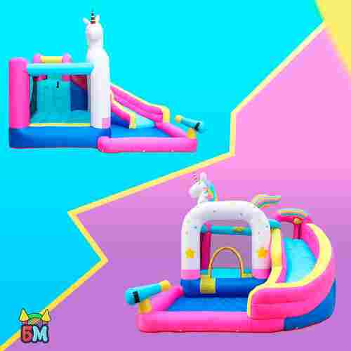 Большой надувной батут для дома и дачи с горкой и бассейном для воды и шариков «Сказочный единорог»