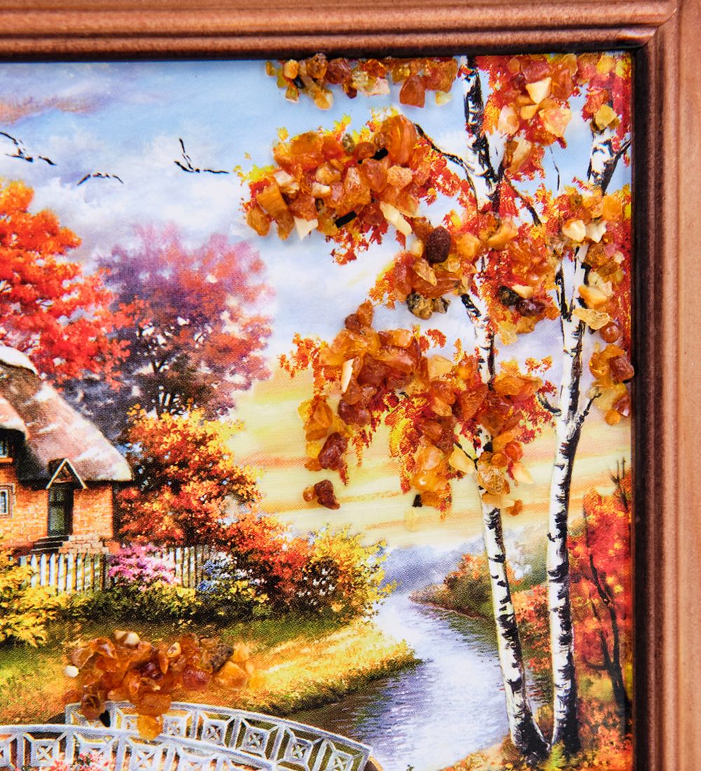 AMB-74/19 Картина «Домик у реки» (с янтарной крошкой) дер.краш.рамка 12х15