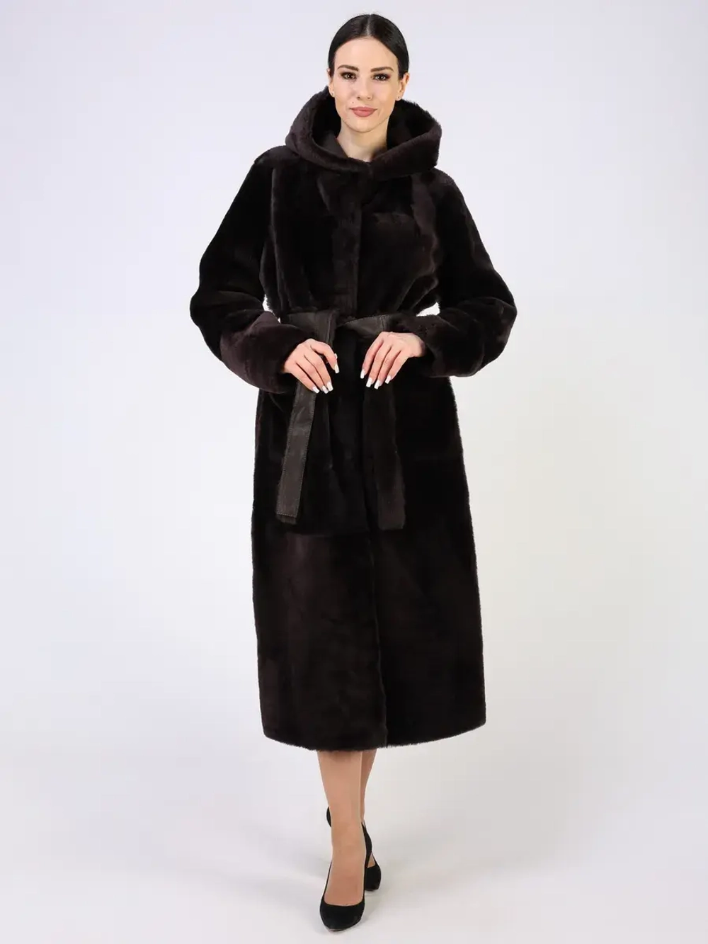 Дубленка зимняя шуба натуральная с капюшоном длинная