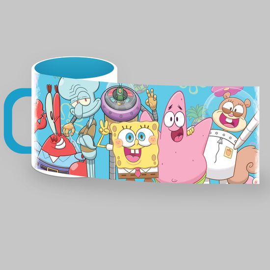 Кружка керамическая объем 330мл, Губка Боб "Друзья – Команда", (голубая)
