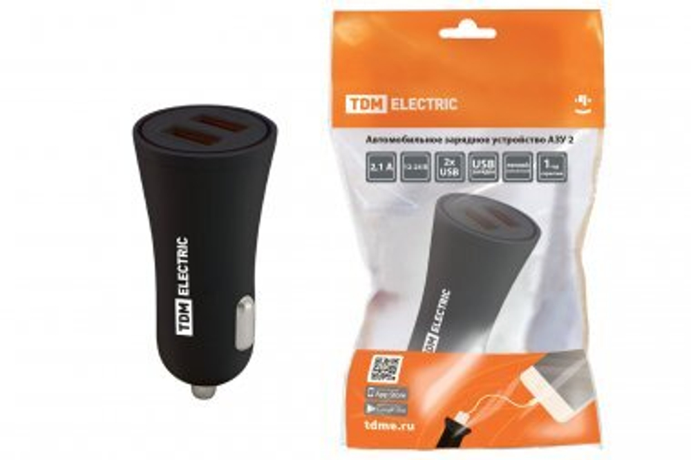 Автомобильное зарядное устройство, АЗУ 2, 2,1 А, 2 USB черный TDM SQ1810-0202