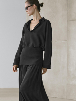 Massimo Dutti Рубашка из струящегося смесового хлопка с V-образным вырезом, коричневый