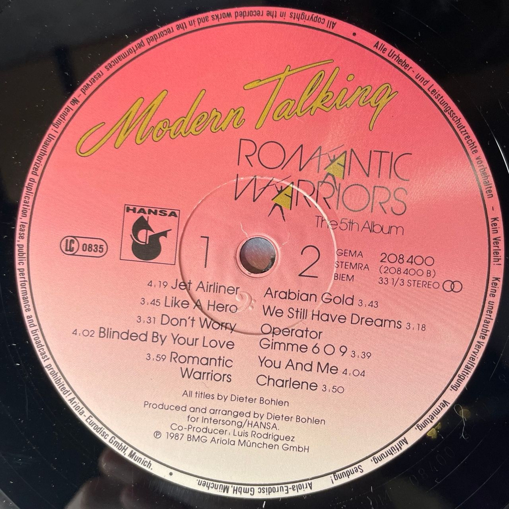 Винтажная виниловая пластинка LP Modern Talking, Romantic Warriors The 5th Album (Германия 1987)