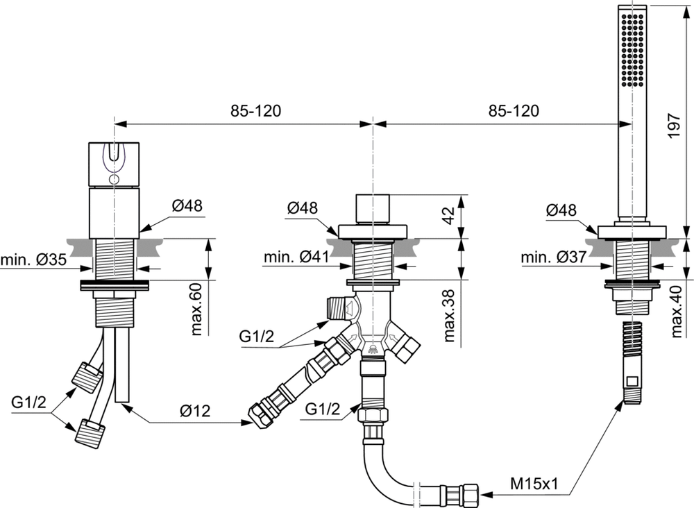 Набортный смеситель  Ideal Standard JOYдля ванны/душа под 3 отверстия, цвет - хром