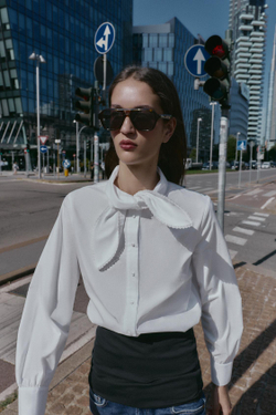 ZARA РУБАШКА ИЗ ПОПЛИНА С ЗАВЯЗКОЙ, БЕЛЫЙ