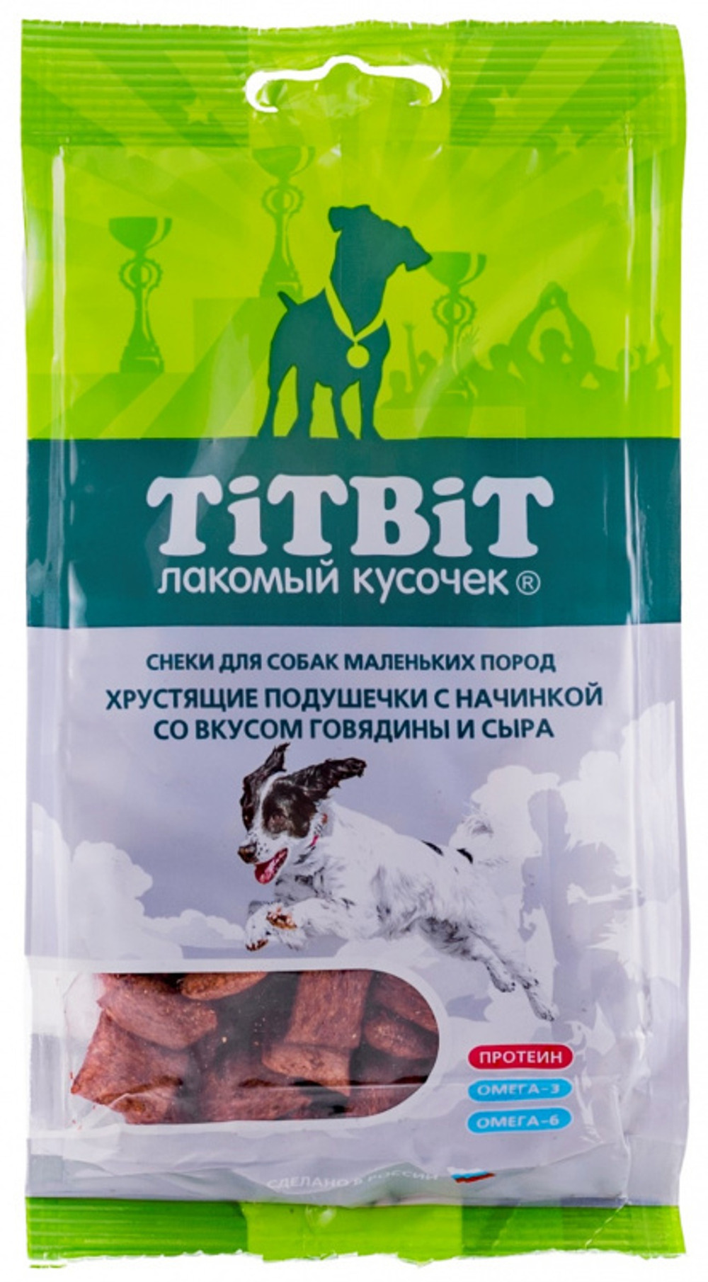 TitBit лакомство для собак Хрустящие подушечки с начинкой говядина и сыр для мини пород 95 гр.