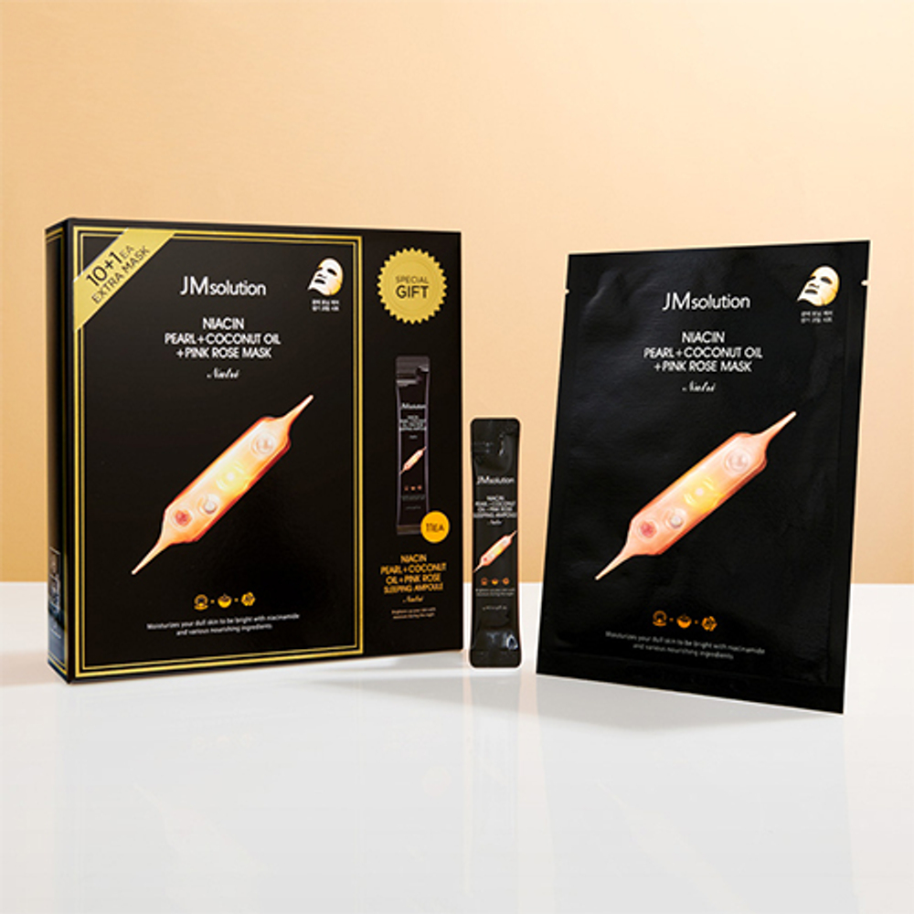 Набор для ухода за кожей лица JMsolution Niacin Pearl+Coconut Oil + Pink Rose Mask and Sleeping Ampoule (маска тканевая 11 шт х 30 мл + сыворотка 11 шт х 4 мл)