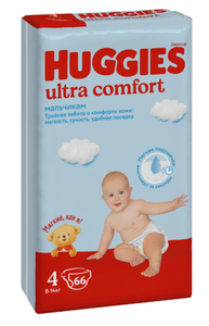 ПОДГУЗНИКИ HUGGIES 4 ULTRA COMFORT  ДЛЯ МАЛЬЧИКОВ 8-14 КГ 66ШТ